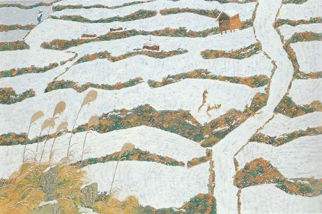 宁静的画面，和谐温暖，世外桃源般的田野色彩画意境插画美图