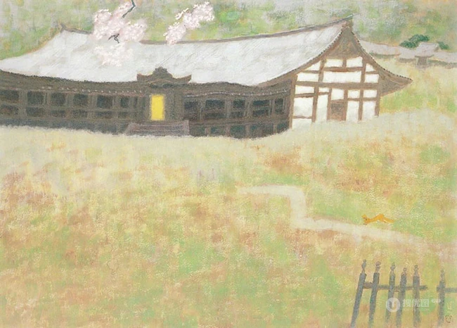 宁静的画面，和谐温暖，世外桃源般的田野色彩画意境插画美图