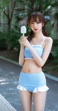 细腰线条感白皙肌肤双马尾辫少女蓝色肩带衣泳装穿搭气质写真照片