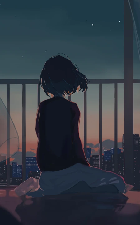 夜光下，房屋里，栏杆前，跪坐在地板上的短发动漫美少女背影手机壁纸