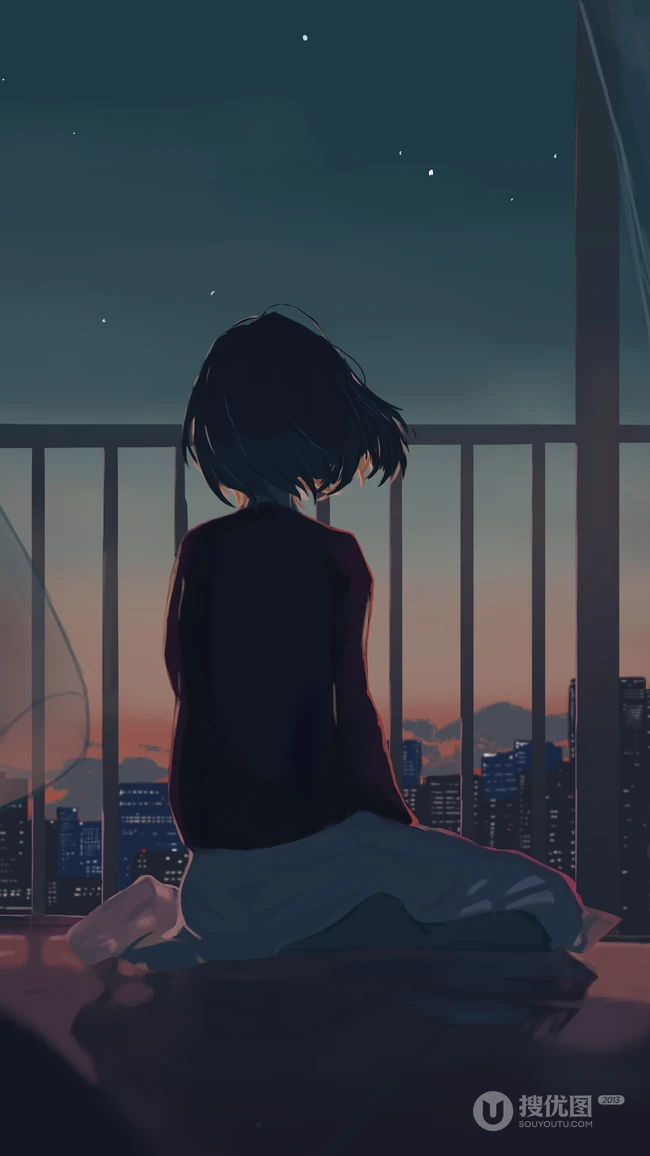 夜光下，房屋里，栏杆前，跪坐在地板上的短发动漫美少女背影手机壁纸