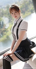 马尾辫女生嫩模yoo优优清纯学院风校服短裙长筒袜落地窗前写真美图集