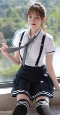 马尾辫女生嫩模yoo优优清纯学院风校服短裙长筒袜落地窗前写真美图集