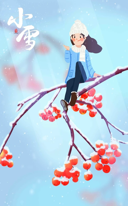 小雪节气手机壁纸，戴着雪花帽，坐在树枝上的卡通小女孩唯美节气壁纸图片