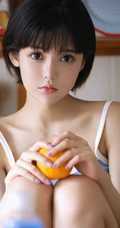 满满胶原蛋白，浅粉短发大眼睛润唇少女短款装肩带背心短裤沙发写真