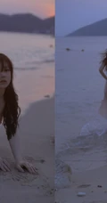 看潮汐日落，海边沙滩戏水的粉裙少女唯美摄影写真图集