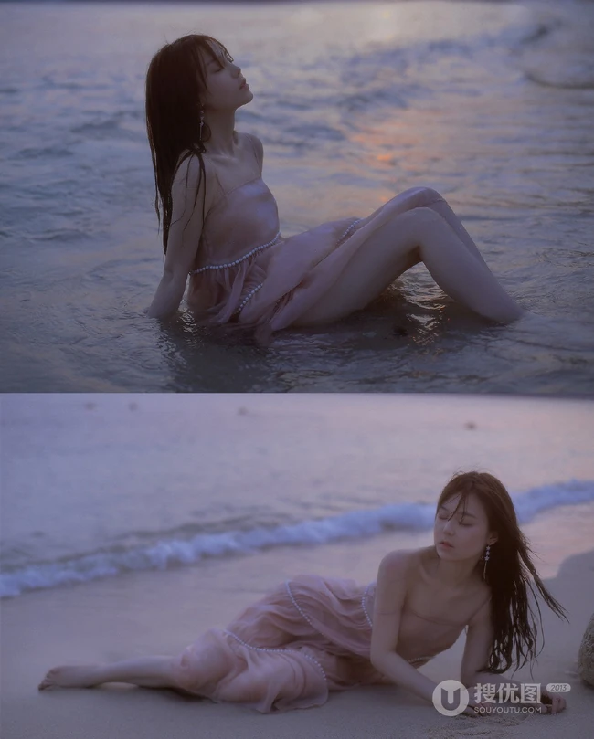 看潮汐日落，海边沙滩戏水的粉裙少女唯美摄影写真图集