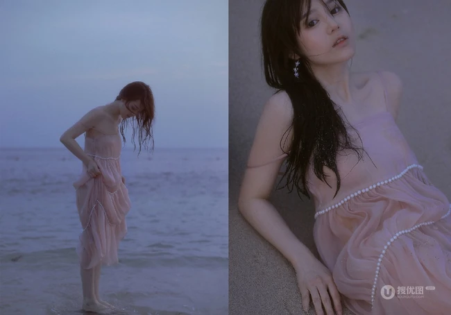 看潮汐日落，海边沙滩戏水的粉裙少女唯美摄影写真图集