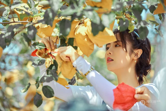 邢菲可爱麻花辫发型搭配背带牛仔裤体验上山摘苹果活动美照