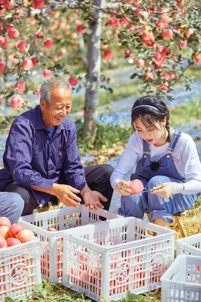 邢菲可爱麻花辫发型搭配背带牛仔裤体验上山摘苹果活动美照