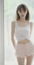 骨感苗条瘦瘦的长发少女小碎花肩带衣短裤清新室内写真图集