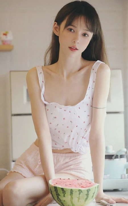 骨感苗条瘦瘦的长发少女小碎花肩带衣短裤清新室内写真图集