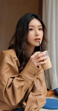 文咏珊气质动人长发微卷手拿奶茶咖啡街拍写真美照