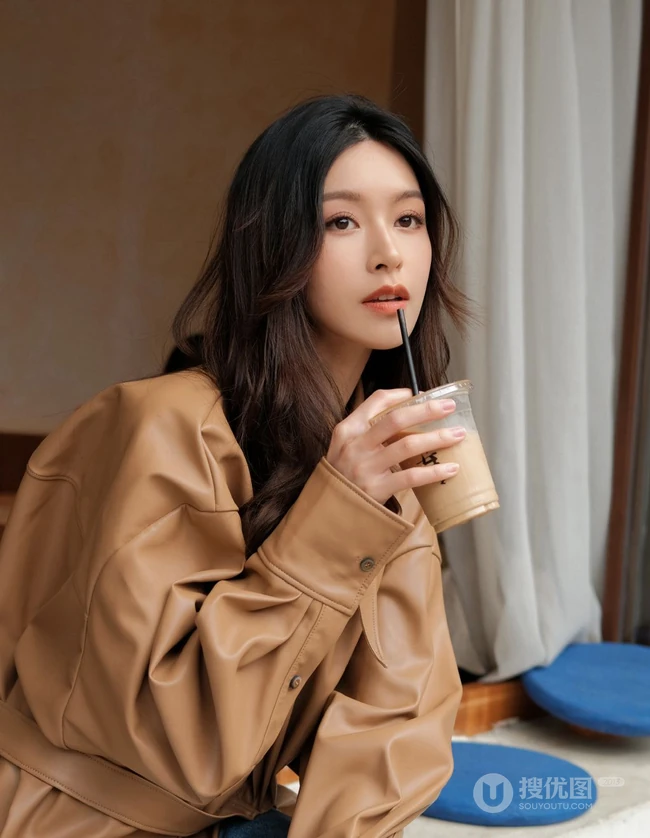 文咏珊气质动人长发微卷手拿奶茶咖啡街拍写真美照