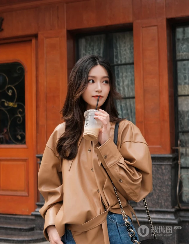 文咏珊气质动人长发微卷手拿奶茶咖啡街拍写真美照