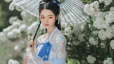 花团锦簇 绣球花前 手执伞的古装汉服清新美女户外写真壁纸图片