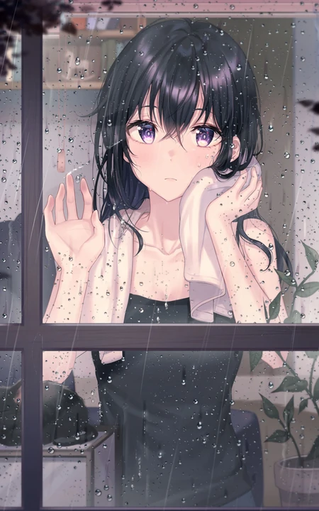下雨天 单手贴着玻璃窗户 往外看的动漫湿发女孩高清手机壁纸图片