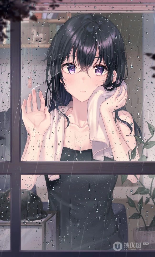 下雨天 单手贴着玻璃窗户 往外看的动漫湿发女孩高清手机壁纸图片