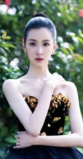 陈都灵黑色轻纱礼裙连衣裙着身优雅气质水池边写真照片