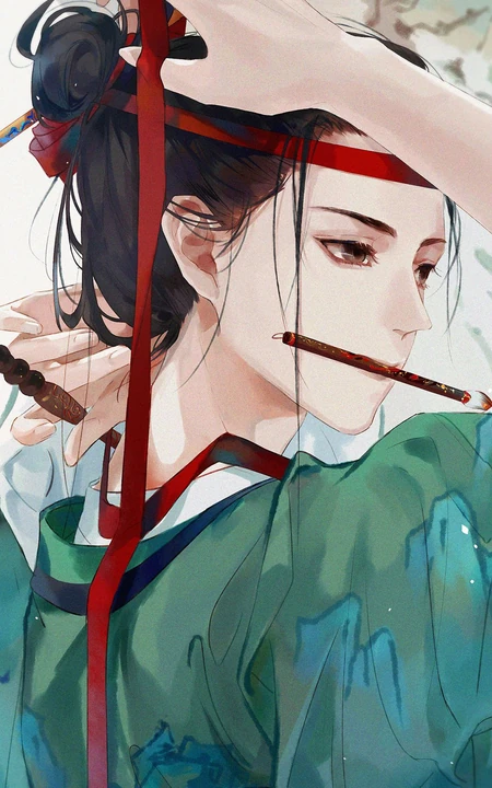 古风，口衔毛笔，头戴丝巾的古风女子唯美动漫手机壁纸图片