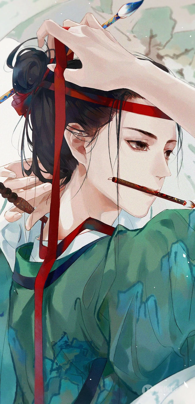古风，口衔毛笔，头戴丝巾的古风女子唯美动漫手机壁纸图片