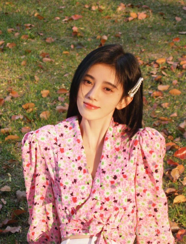 鞠婧祎小碎花印花衬衫清新清新户外写真图片