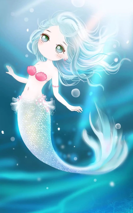 蓝色海底里的大眼睛可爱卡通美人鱼唯美图片