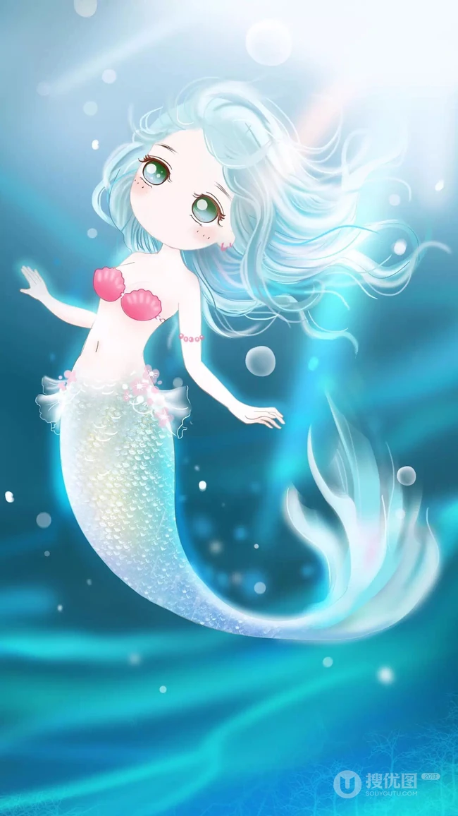 蓝色海底里的大眼睛可爱卡通美人鱼唯美图片
