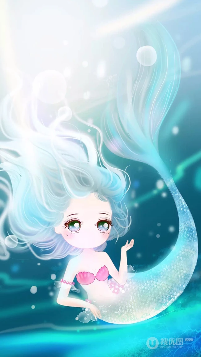 蓝色海底里的大眼睛可爱卡通美人鱼唯美图片