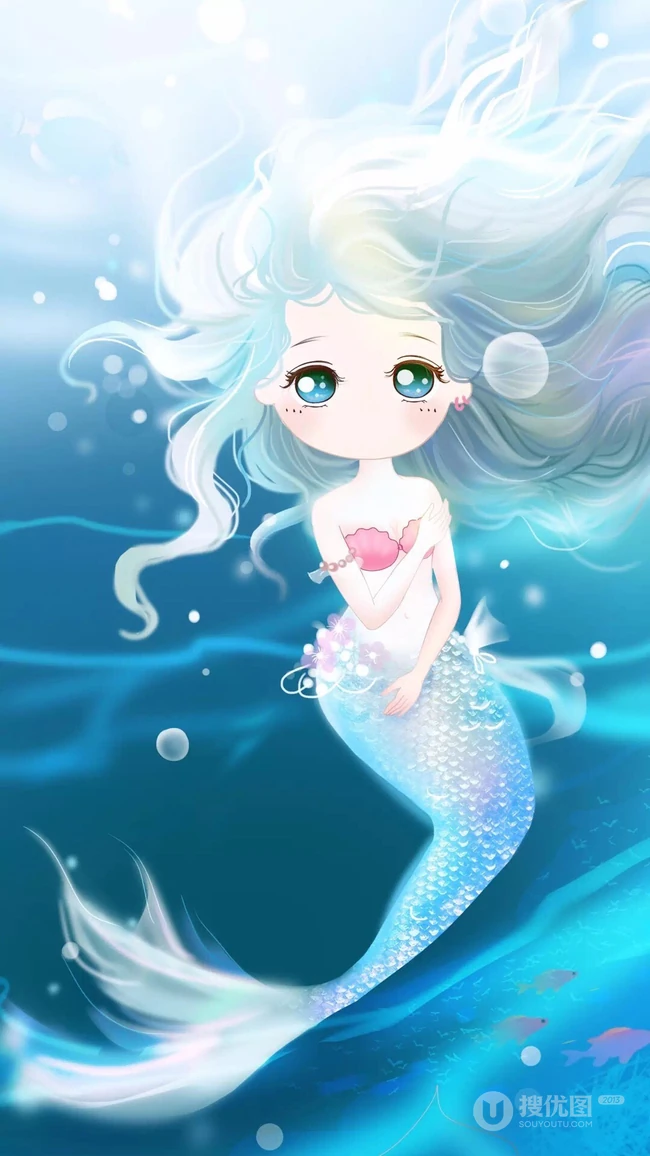 蓝色海底里的大眼睛可爱卡通美人鱼唯美图片