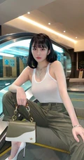 邱淑贞女儿沈月无袖背心工装裤休闲穿搭坐姿豪迈商场电梯美拍照片