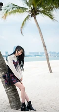 郑乃馨清新清新红蓝格子裙穿着椰树下显修长线条感写真图片