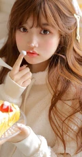 吃草莓蛋糕的软糯美萌少女暖色调毛衣短裤室内沙发高清气质写真图片
