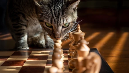 敢对眼吗？来自一只虎斑猫的凝视，国际象棋上的猫壁纸图片