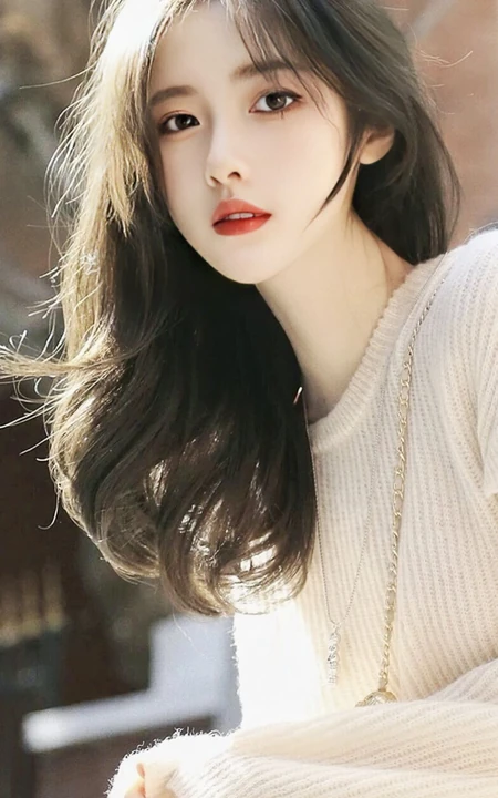 高颜值甜美白色针织衫长发美少女高清手机壁纸图片
