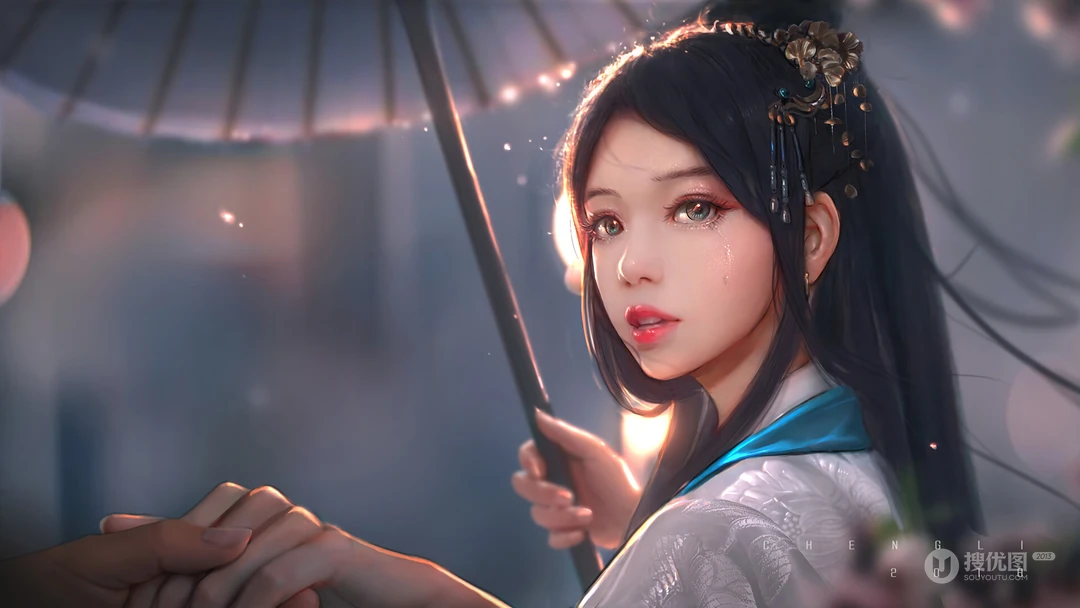 手拿雨伞 眼角带泪的古风动漫美女高清桌面壁纸图片