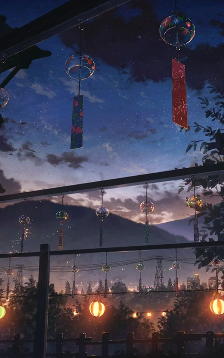 夜，风铃 灯火 灯笼唯美意境手机壁纸图片