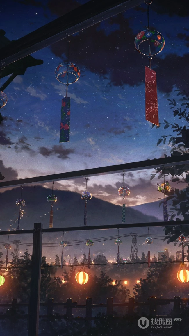 夜，风铃 灯火 灯笼唯美意境手机壁纸图片