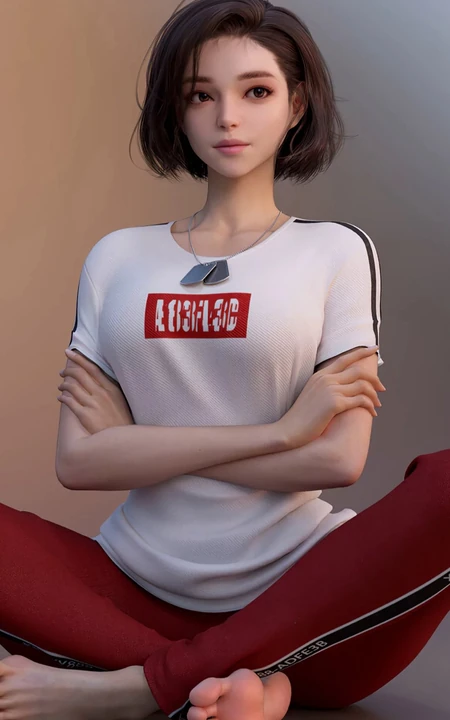 短发女人，盘坐在地上，两手交叉的运动背心，长裤动漫女孩手机壁纸图片