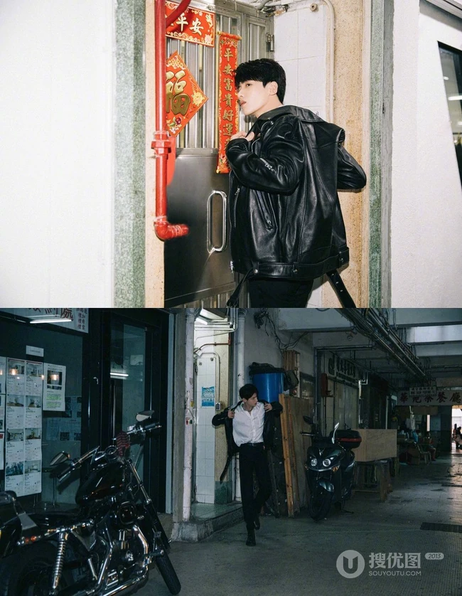 白敬亭黑色皮衣白衬衫酷潮穿搭帅气微博写真照片