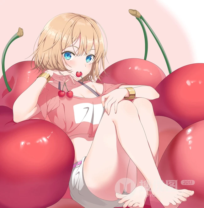 好诱人可爱的樱桃啊！二次元樱桃动漫少女高清插画图片