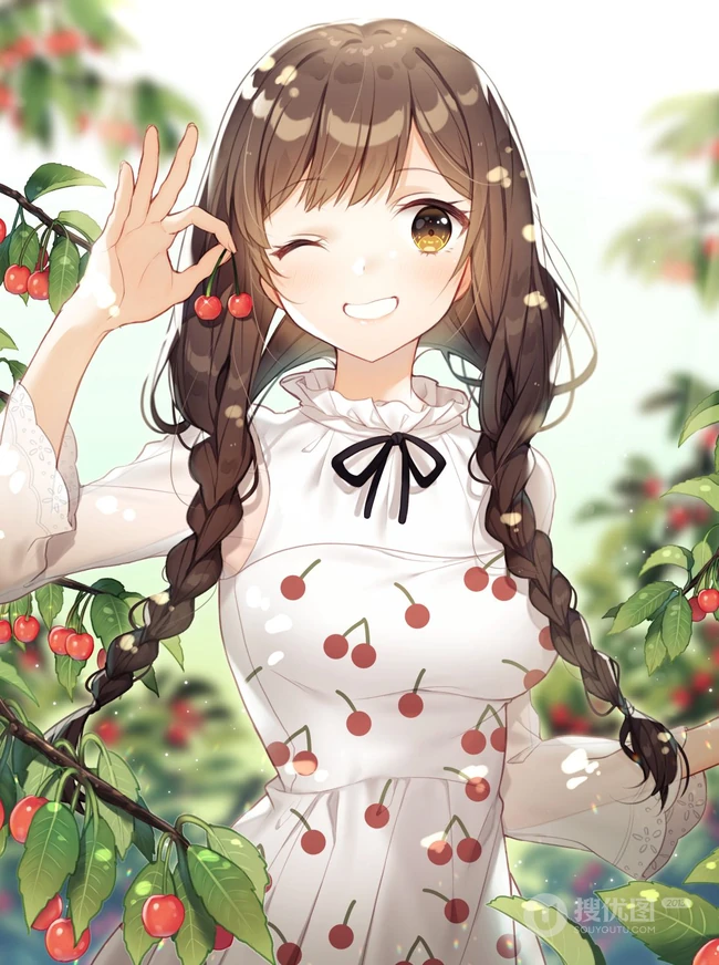 好诱人可爱的樱桃啊！二次元樱桃动漫少女高清插画图片