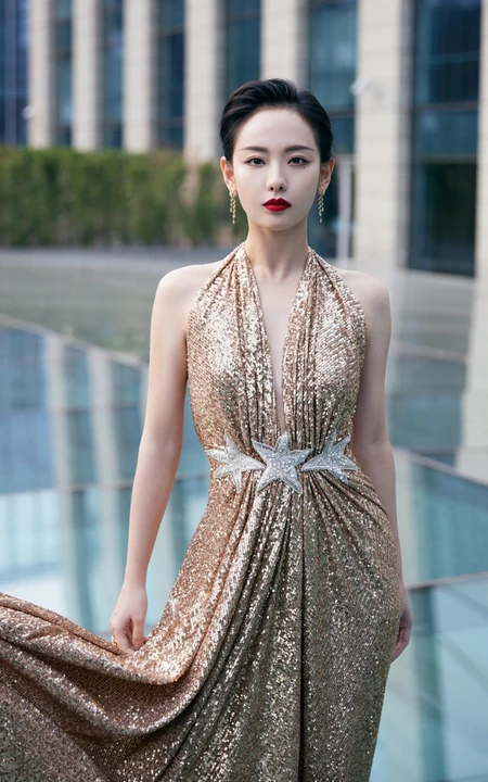 张嘉倪buling闪亮V领露背长裙礼服穿着漫步广场优雅写真图片
