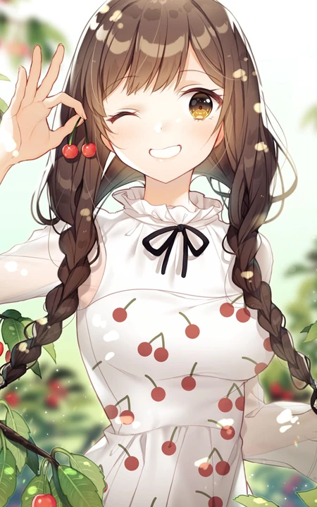 穿着樱桃装连衣裙可爱双马尾动漫美少女高清手机壁纸图片