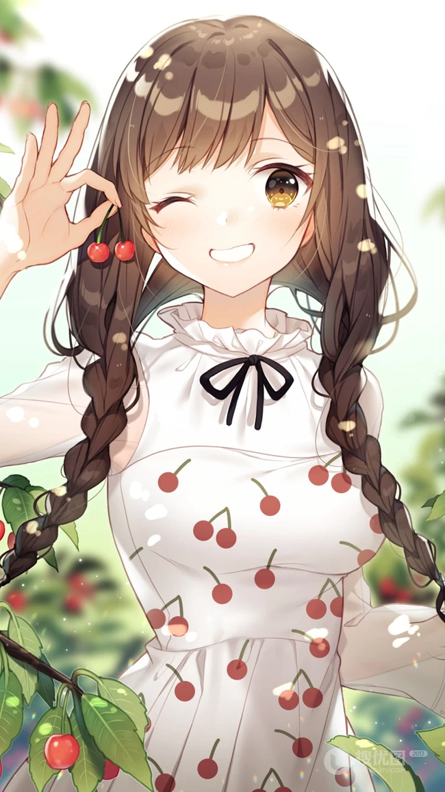 穿着樱桃装连衣裙可爱双马尾动漫美少女高清手机壁纸图片