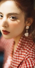 古力娜扎红色格纹衫春日穿着甜美气质写真美照