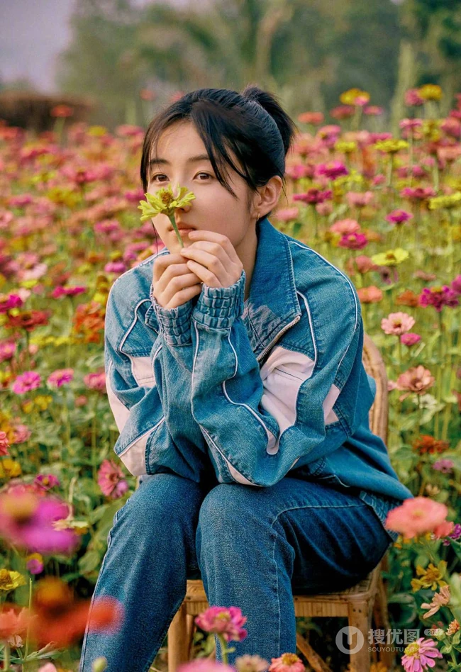 张子枫云南可爱旅拍美照，身着牛仔套装，户外荡秋千，逛花圃，画面唯美