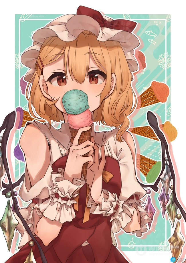 甜美的味道，手拿冰淇淋的二次元动漫少女高清插画图片