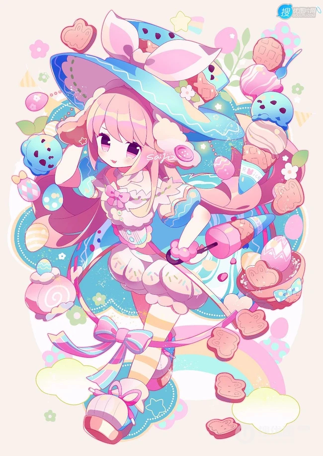 甜美的味道，手拿冰淇淋的二次元动漫少女高清插画图片