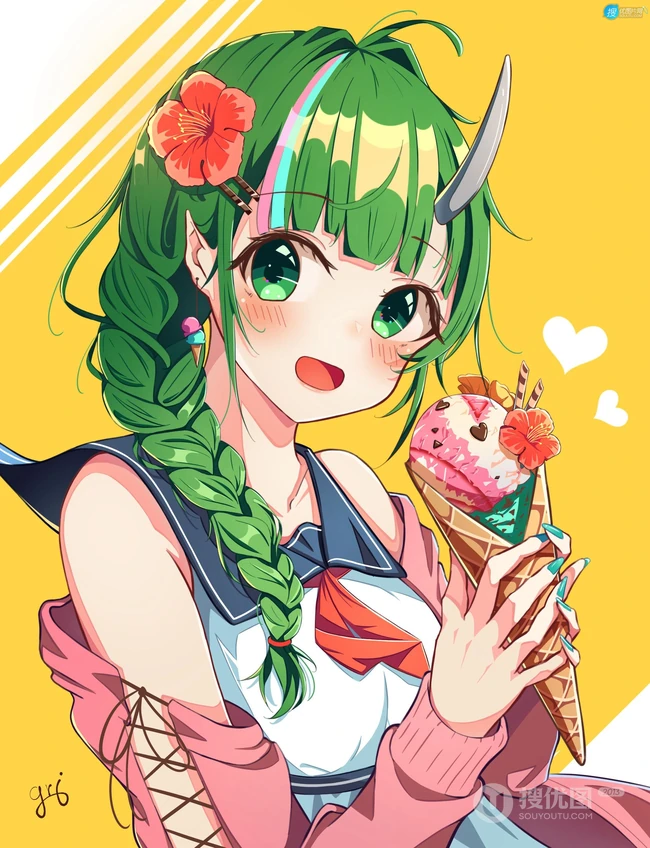 甜美的味道，手拿冰淇淋的二次元动漫少女高清插画图片